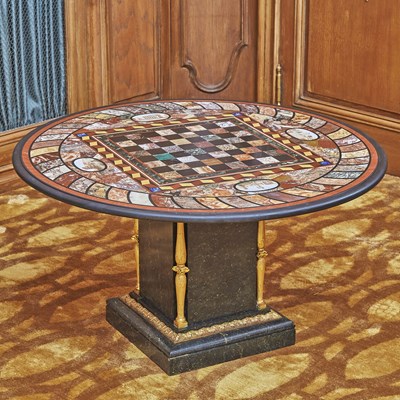 Lot 201 - Italian Grand Tour Pietra Dura and Micromosaic Table Top on a Gilt Bronze and Marble Base