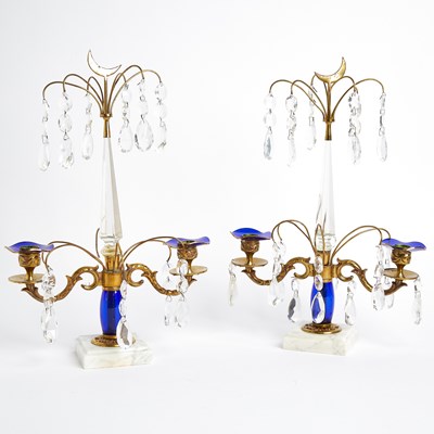 Lot 256 - Pair of Gilt Metal, Blue Enamel, and Marble Two-Light Girandole Candelabra