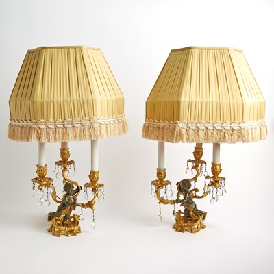 Lot 261 - Pair of Louis XV Style Gilt and Patinated Metal Three-Light Candelabra Lamps