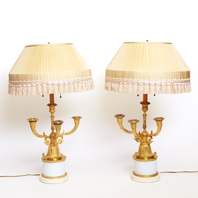 Lot 260 - Pair of Charles X Gilt Bronze and Marble Four-Light Candelabra Lamps