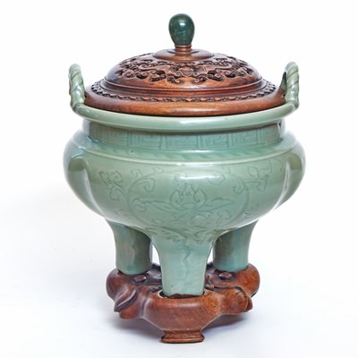 Lot 266 - Chinese Longquan Celadon Tripod Censer and Cover