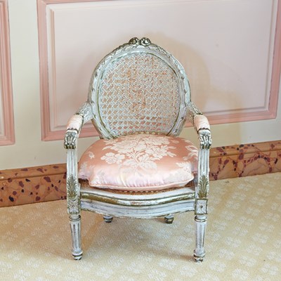 Lot 318 - Louis XVI Style Caned and Upholstered Painted Wood Miniature Fauteuil