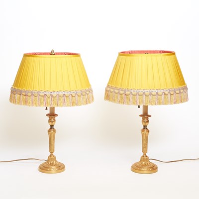 Lot 271 - Pair of Louis XVI Style Gilt Brass Candlestick Lamps