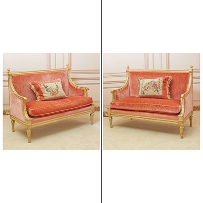 Lot 316 - Pair of Louis XVI Painted and Parcel Giltwood Settees