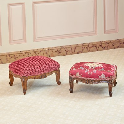 Lot 333 - Two Louis XV Style Upholstered Walnut Stained Footstools