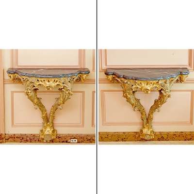 Lot 293 - Pair of Louis XV Style Painted and Giltwood Marble Top Wall Mounted Consoles