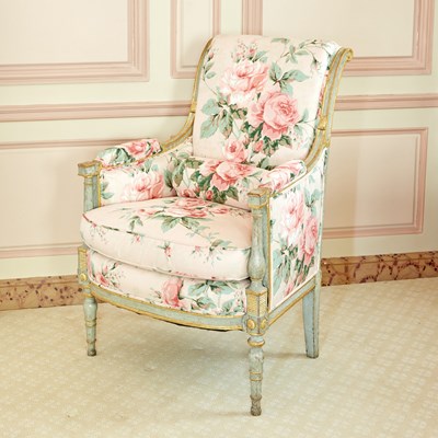 Lot 281 - Directoire Floral Chintz Upholstered Painted and Parcel Giltwood Bergere