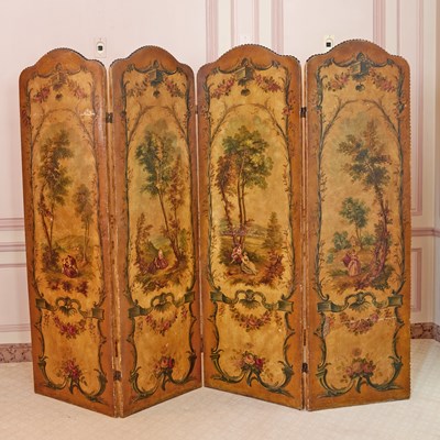 Lot 292 - Louis XVI Style Painted Canvas Three-Fold Screen