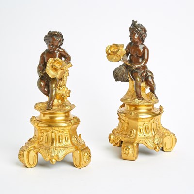 Lot 34 - Pair of Louis XV Style Patinated and Gilt Bronze Figures of Putti