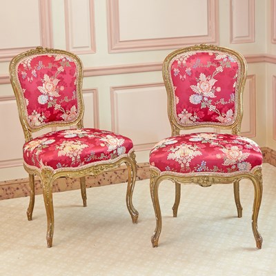 Lot 213 - Pair of Louis XV Style Upholstered Giltwood Chaises a la Reine