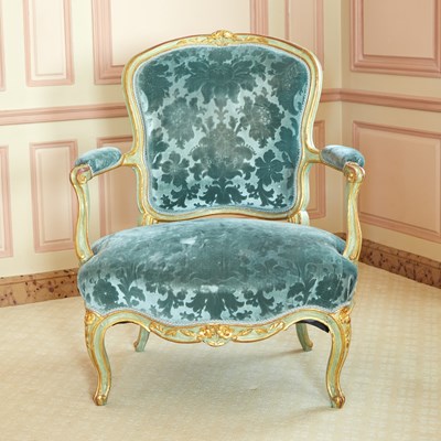 Lot 258 - Louis XV Upholstered Painted and Parcel Giltwood Fauteuil a la Reine