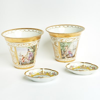 Lot 579 - Pair of Limoges (Baignol) Gilt-Banded Cache Pots and Two French Chinoiserie Scalloped Oval Dishes