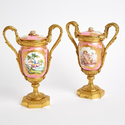 Lot 180 - Pair of Sevres Style Porcelain Gilt-Bronze Mounted Two-Handled Vases and Covers