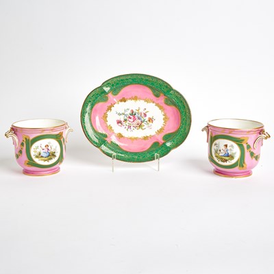 Lot 643 - Pair of Sevres Style Porcelain Pink and Green Ground Cache Pots