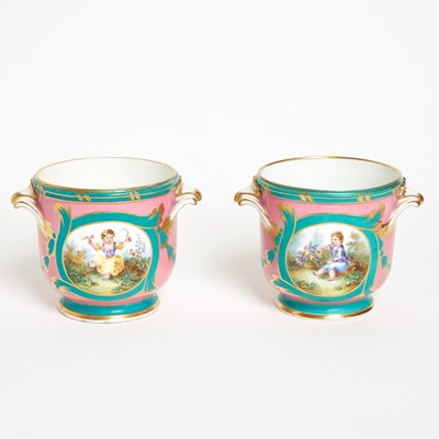 Lot 240 - Pair of Sevres Porcelain (Later-Decorated) Pink and Green Ground Cache Pots (Seaux à Verre)