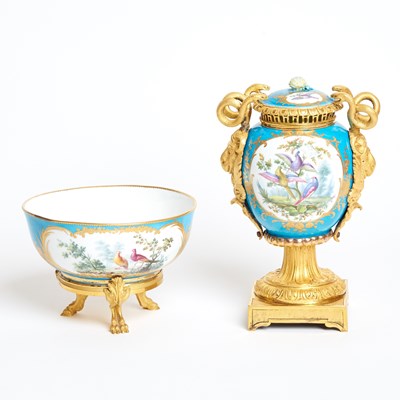 Lot 239 - Sevres Porcelain Gilt-Bronze Mounted Turquoise Vase and Cover and Similar Sevres Style Bowl