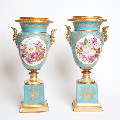 Lot 29 - Pair of Paris (Jacob Petit) Gilt-Bronze Mounted Blue-Ground Two-Handled Vases on Plinths