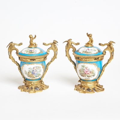 Lot 45 - Pair of Sevres Porcelain (Later-Decorated) Gilt-Bronze Mounted Pot-Pourri Vases and Covers