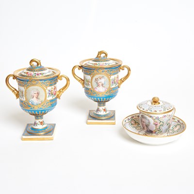 Lot 650 - Pair of Sevres Style Porcelain Handled Vase and Cover