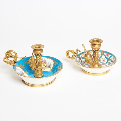 Lot 322 - Two Sevres Style Porcelain Turquoise-Ground Saucers Mounted as Gilt-Bronze Chambersticks