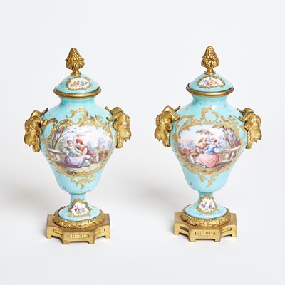 Lot 313 - Pair of Sevres Style Porcelain and Staffordshire Enamel Gilt-Bronze Mounted Blue Vases and Covers