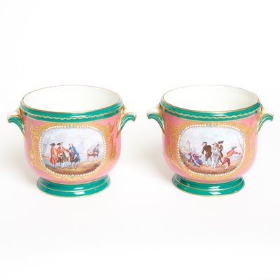 Lot 67 - Pair of Sevres Style Porcelain ‘Jeweled’ Pink and Green Ground Cache Pots