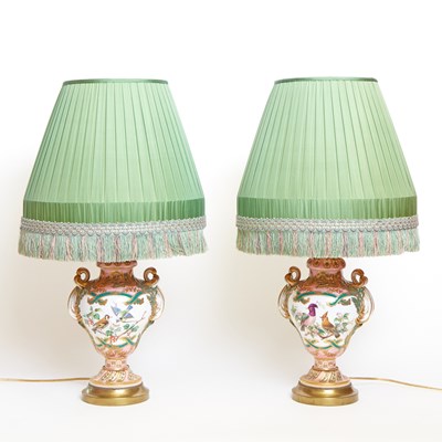 Lot 359 - Pair of Minton Porcelain Pink-Ground Two-Handled ‘Sneyd’ Vases and Covers as Table Lamps