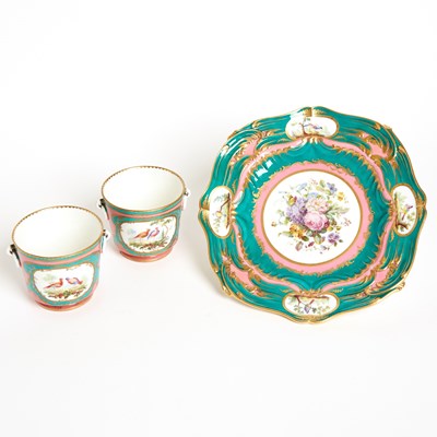 Lot 622 - Pair of Sevres Style Porcelain Pink and Green Ground Ring-Handled Small Cache Pots