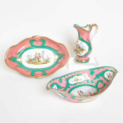 Lot 623 - Sevres Porcelain Pink and Green Ground Ewer and Basin and Sevres Style Navette Shaped Basin