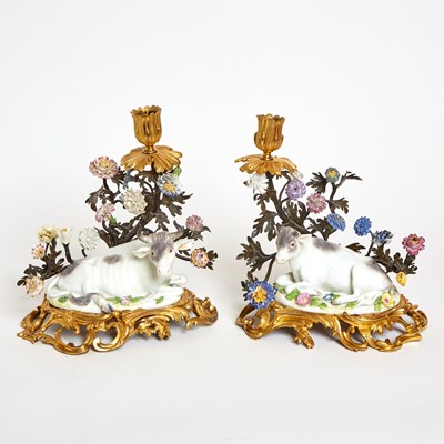 Lot 129 - Pair of Meissen Porcelain Gilt-Bronze and Tole Branch Mounted Models of Cows as Candlesticks