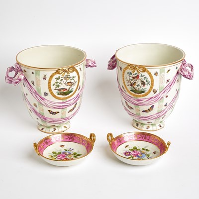 Lot 649 - Pair of Berlin (KPM) Porcelain Handled Urn-Shaped Vases and Two Berlin (KPM) Pink Shallow Bowls