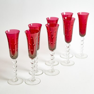 Lot 585 - Set of Thirty St. Louis Clear and Cranberry Glass "Bubble" Pattern Champagne Flutes