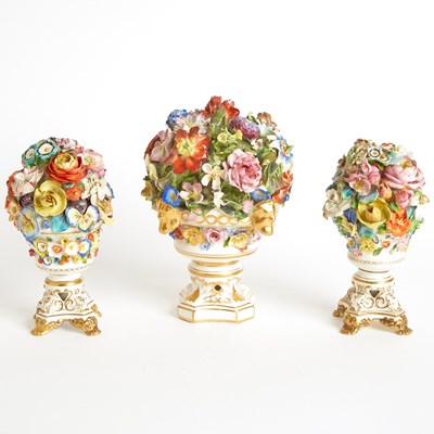 Lot 653 - Three Derby Porcelain Footed Trophy Vase Bouquets