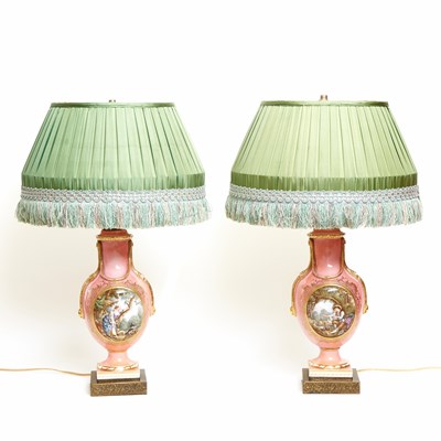 Lot 255 - Pair of Coalport Porcelain Pink-Ground Vases and Covers as Table Lamps