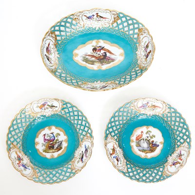 Lot 610 - Three Meissen Porcelain (Later-Decorated) Teal-Ground Reticulated Plates