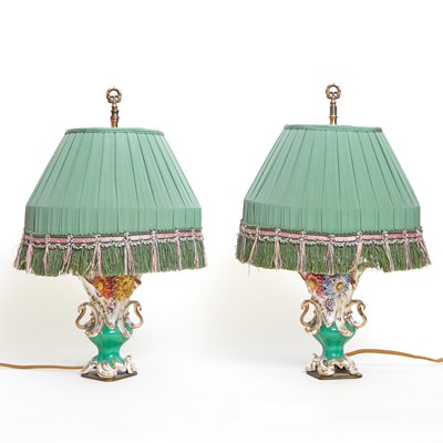 Lot 131 - Pair of Coalport Porcelain Green-Ground Flower-Encrusted Two-Handled Vases as Table Lamps