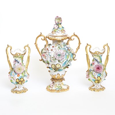 Lot 78 - Assembled Minton Porcelain Flower-Encrusted Three-Piece Vase Garniture