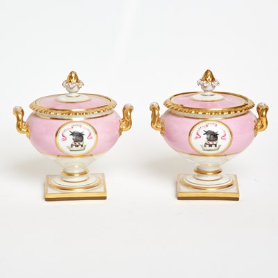 Lot 568 - Pair of Worcester (Flight Barr & Barr) Porcelain Armorial Two-Handled Sauce Tureens and Covers