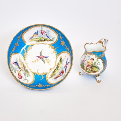 Lot 640 - Sevres Style Porcelain Turquoise-Ground Saucer Dish, with Sevres Cream Jug