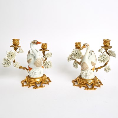 Lot 235 - Pair of Mottahedeh Porcelain Swan-Form Two-Light Candelabra