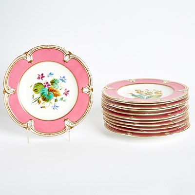 Lot 601 - Twelve George Jones Porcelain Pink-Ground Pierced Specimen Dessert Plates