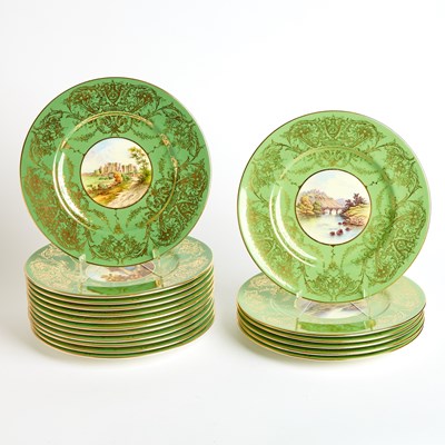 Lot 618 - Two Sets of Coalport Porcelain Green-Ground Topographical Place Plates