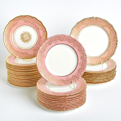 Lot 595 - Three Sets of Doulton Burslem and Royal Doulton Porcelain Gilt-Decorated Pink-Ground Plates