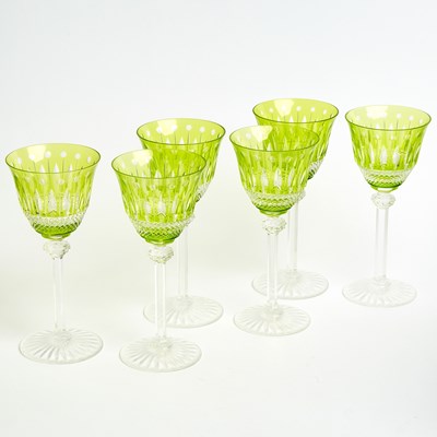 Lot 587 - Set of Twelve St. Louis Chartreuse Green Cut to Clear Glass "Tommy" Pattern Glasses