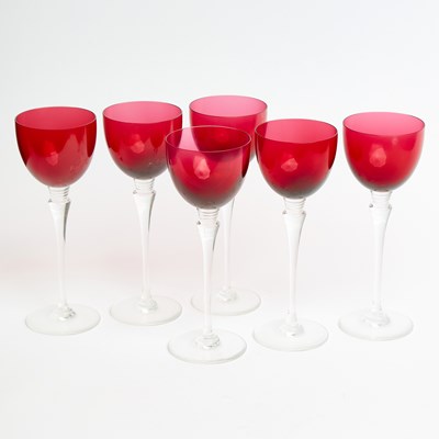 Lot 588 - Set of Twenty-Four St. Louis Cranberry and Colorless Glass "Grand Lieu" Pattern Glasses