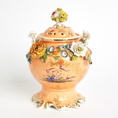 Lot 57 - English Porcelain Peach-Ground Flower-Encrusted Two-Handled Pot-Pourri Jar, Cover and Liner