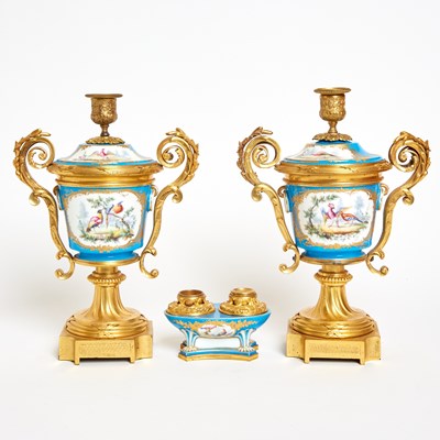 Lot 654 - Pair of Sevres Style Porcelain Gilt-Bronze Mounted Turquoise Vases and Covers and Similar Inkstand