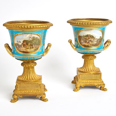 Lot 334 - Pair of Sevres Style Porcelain Gilt-Bronze Mounted Turquoise-Ground Krater Vases and Covers