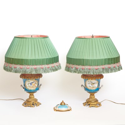 Lot 315 - Pair of Sevres Style Porcelain Gilt-Bronze Mounted Turquoise Vases as Lamps and Similar Inkwell