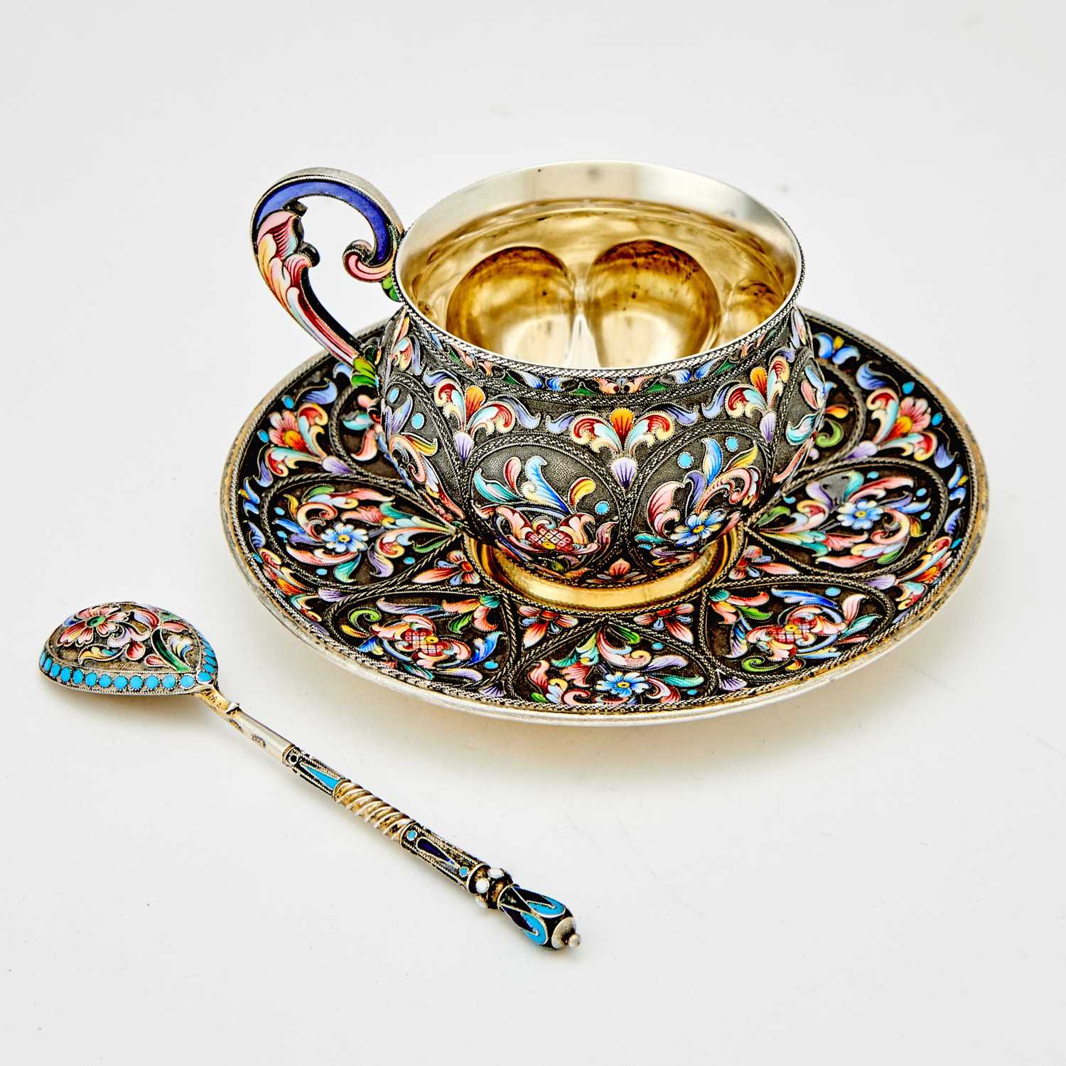 Lot 544 - Russian Silver-Gilt and Cloisonné Enamel Cup, Saucer and Spoon